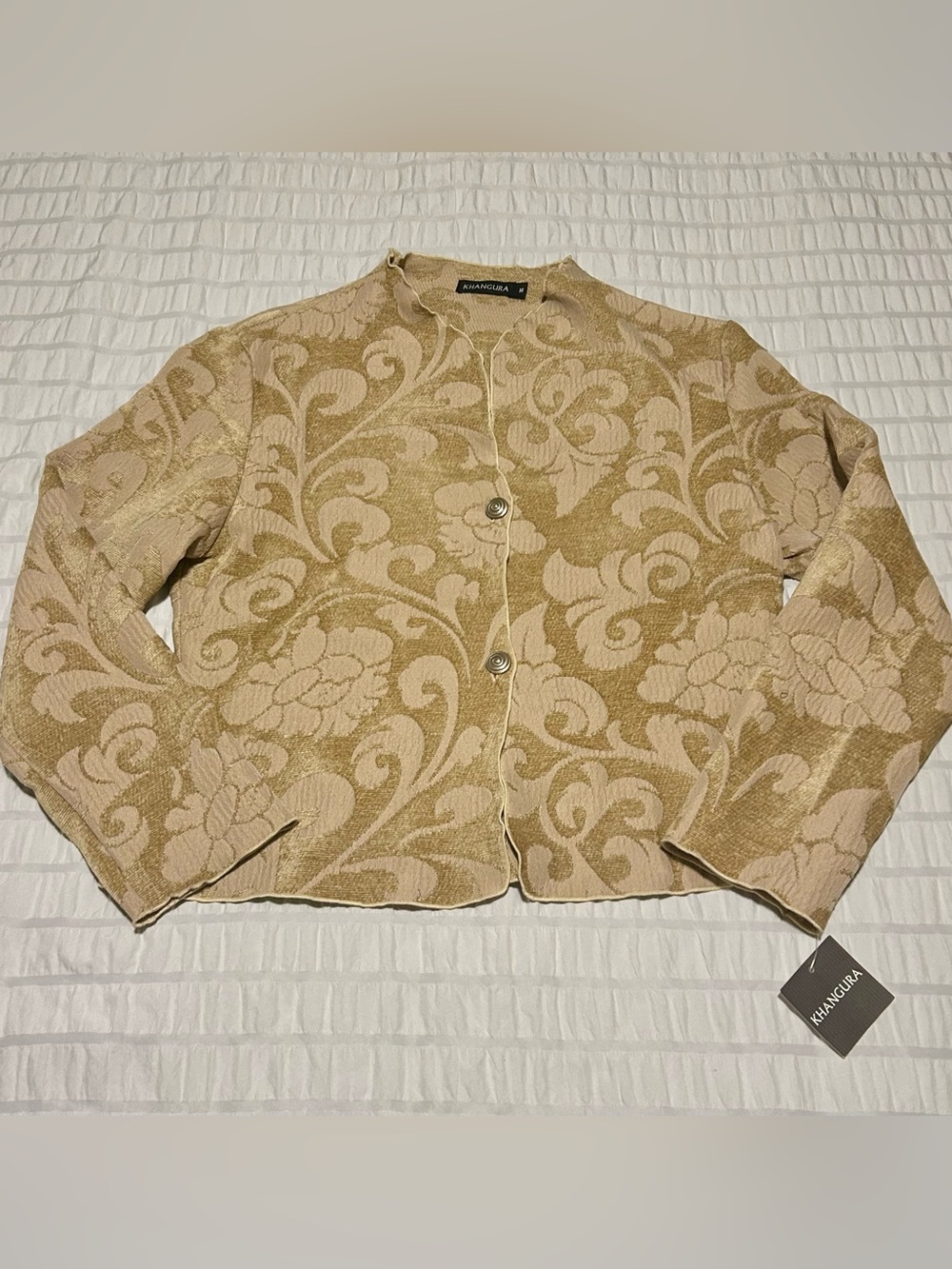 Khangura Beige Floral Jacquard Cardigan Blazer